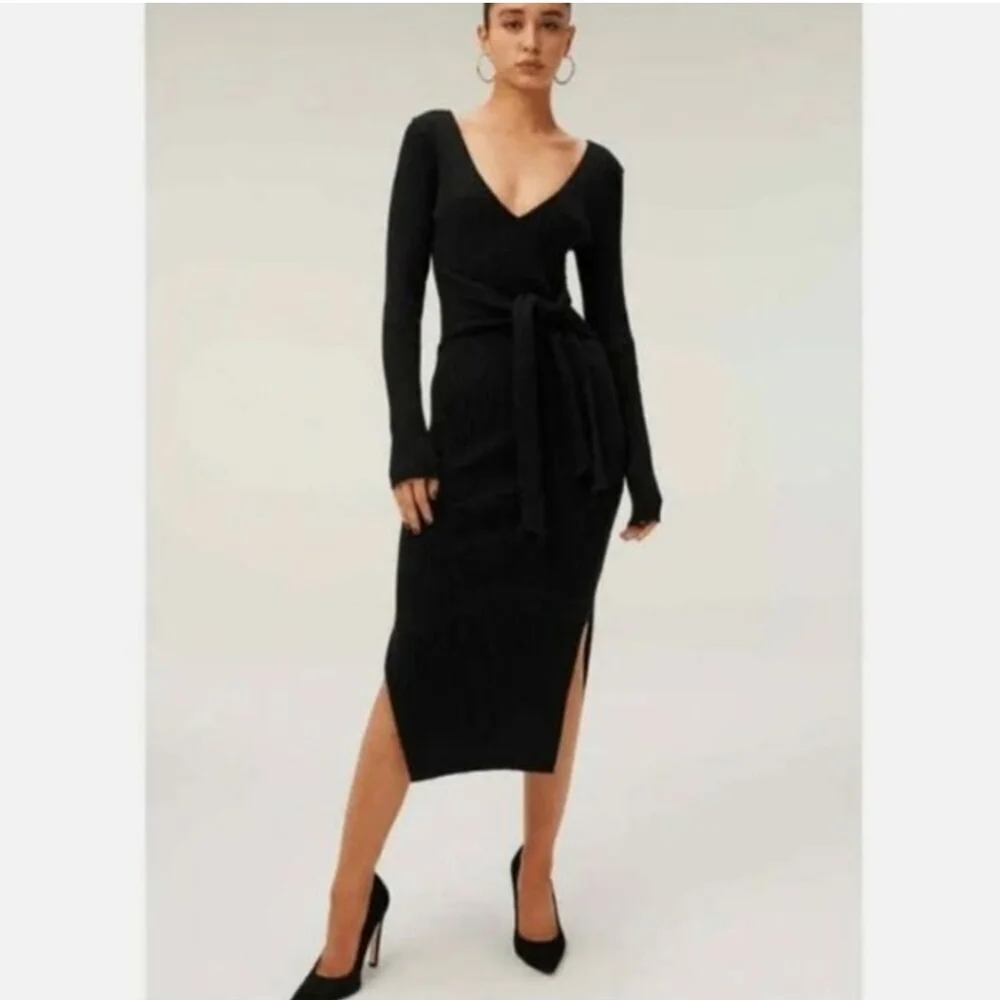 Good American | Dresses | New Good American Ribbed Knit Batwing Plunge Neck Tie  Waist Midi Dress | Poshmark
